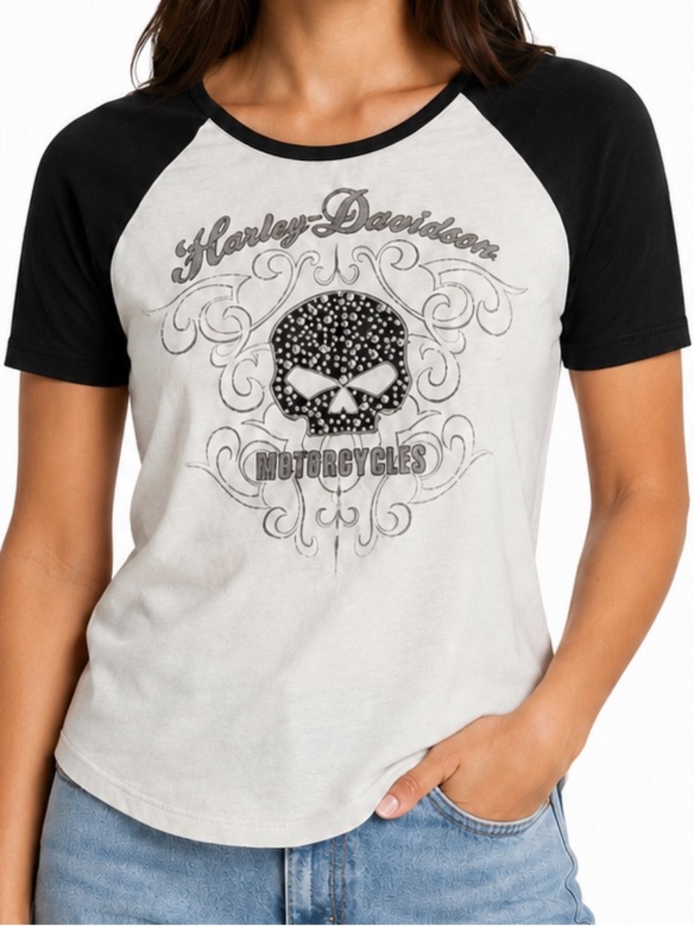 Harley-Davidson White & Black Raglan Studded Skull Tee Size XS